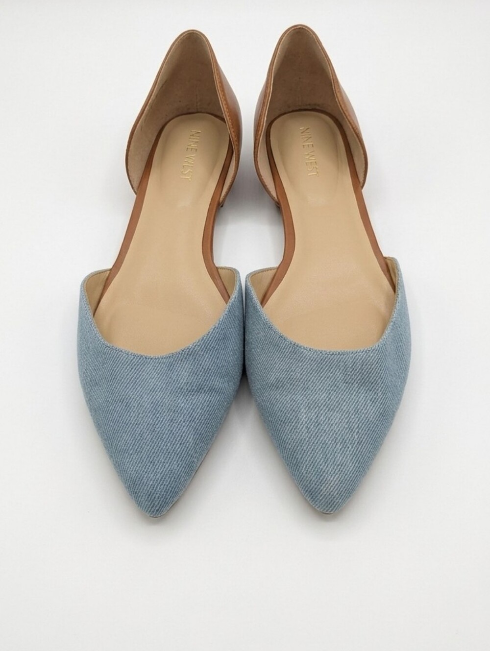 Nine West Light Blue Denim & Cognac Pointed Toe D'Orsay Flats - Size 8M